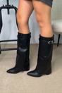 Black XY LONDON Black 'Aaliyah' Fold Over Boots Block Heel Buckle Point Toe, Image 7 of 7