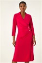 Red Ruched Button Shirt Stretch Midi Dress, Image 2 of 5