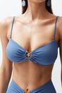 Blue WOVCOR Blue Ruched Bandeau Bikini Top with Ring Detail, Image 2 of 5