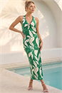Green Floral Print Satin Bias Cut Bodycon Dress, Image 1 of 4