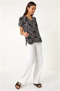 Black Abstract Print V-Neck Button Top, Image 2 of 5