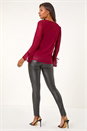 Wine V-Neck Frill Neck Tie Sleeve Mesh Top, Image 3 of 5