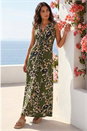 Khaki Leaf Print Twist Front Maxi Dress, Image 1 of 4