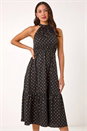 Black Polka Dot Halter Neck Midi Dress, Image 4 of 5