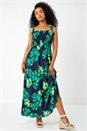 Navy  Petite Tropical Print Shirred Maxi Dress, Image 2 of 5