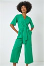 Green Angel Sleeve Cropped Wrap Jumpsuit, Image 1 of 6
