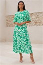 Teal Floral Print Angel Sleeve Midi Dress, Image 1 of 4