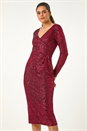 Red Sequin Front Wrap Midi Stretch Dress, Image 4 of 5