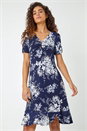 Navy  Floral Print Frill Hem Dress, Image 2 of 5