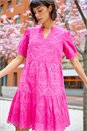 Fuchsia Embroidered Tiered Cotton Smock Dress, Image 4 of 6