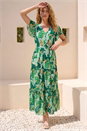 Green Floral Tiered Tie Waist Dress, Image 2 of 4