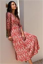 Red Abstract Print V-Neck Midi Dress, Image 1 of 4