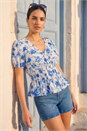 Blue Dusk Floral Print Shirred Peplum Top, Image 1 of 4