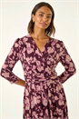 Wine Abstract Floral Wrap Midi Dress, Image 4 of 5