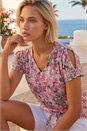 Pink Floral Print Burnout Tie Top, Image 2 of 4