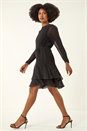 Black Pleated Frill Hem Swing Dress, Image 1 of 5