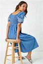 Light Denim Cotton Embroidered Midi Dress, Image 1 of 6
