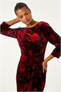 Red Velvet Rose Print Side Twist Shift Dress, Image 4 of 5