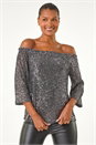 Silver Sequin Detail Bardot Top, Image 4 of 5