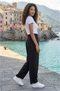 Black Petite Shirred Straight Leg Stretch Trouser, Image 4 of 4