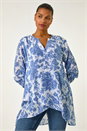 Blue Floral Print Wrap Hem Tunic Top, Image 2 of 5