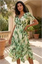 Green Abstract Chiffon Hanky Hem Asymmetric Dress, Image 1 of 4
