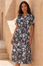 Black Floral Print Tie Waist Midi Dress, Image 1 of 4