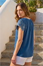 Navy  Petite Embroidered V-Neck Top, Image 2 of 4