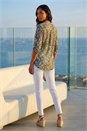 Lime Animal Print Burnout V-Neck Stretch Shirt , Image 3 of 4