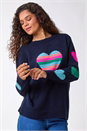 Midnight Blue Multi Heart Detail Longline Jumper, Image 4 of 5