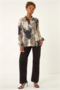 Black Animal Print Tie Neck Pleated Top, Image 3 of 5