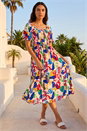Multi  Abstract Print Shirred Midi Dress, Image 3 of 4