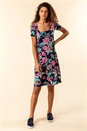 Navy  Tropical Floral Square Neck Dress, Image 3 of 5