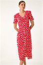 Red Heart Print Ruched Midi Dress, Image 1 of 5