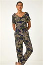 Navy  Leaf Print V-Neck Jumpsuit, Image 4 of 5