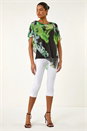 Green Floral Print Asymmetric Overlay Top, Image 2 of 5