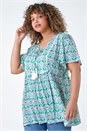 Green Curve Tie Front V-Neck Boho Printed Top, Image 1 of 5