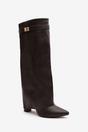 Dark Brown Keira Fold Over Shark Block Heel Point Toe Boots, Image 3 of 4