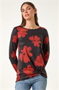 Red Floral Print Stretch Hem Top, Image 1 of 5