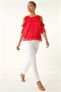 Red Spot Print Frill Cold Shoulder Top, Image 1 of 5