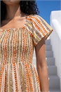 Orange Abstract Stripe Shirred Midi Dress , Image 4 of 4