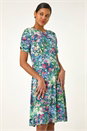 Green Ditsy Floral Print Stretch Short Dress, Image 2 of 5