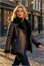 Black Faux Fur Lined Zip Detail Aviator Jacket, Image 1 of 4