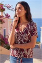 Wine Floral Print Tie Front V-Neck Top, Image 2 of 4