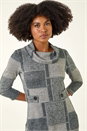 Grey Patchwork Cowl Neck Button Detail Dress, Image 4 of 5