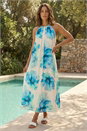 Turquoise Petite Floral Halter Neck Midi Dress , Image 2 of 4