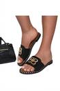 Black iKrush Black Abby Sparkle Buckle Gold Studded Flat Sandals, Image 4 of 8