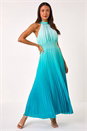 Teal Ombre Halter Neck Pleated Maxi Dress, Image 3 of 5