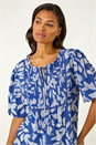 Blue Leaf Print Tie Neck Pleated Top, Image 4 of 6