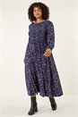Navy Curve Floral Print Shirred Midi Dress, Image 1 of 5